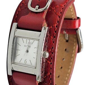 Guess Ladies Red Quilted Leather Cuff Bracelet Watch 7" Silver Tone Case G66594L